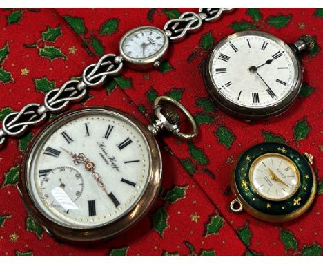 A small group of watches to include a continental white metal cased fob watch, a smaller silver example, enamelled example, a