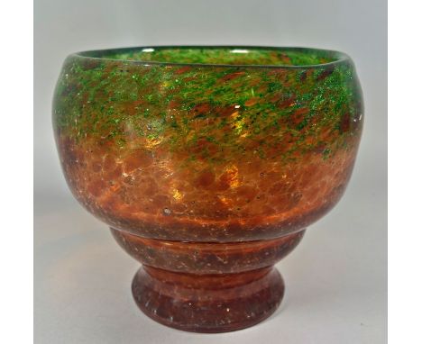 A Monart centrepiece glass bowl in a mottled green and orange design, 16.5cm diam x 17 cm high.