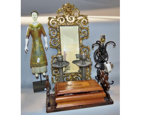 A miscellaneous collection of items to include cast brass wall mirror with scrolling framework, a pair of pewter hammered can