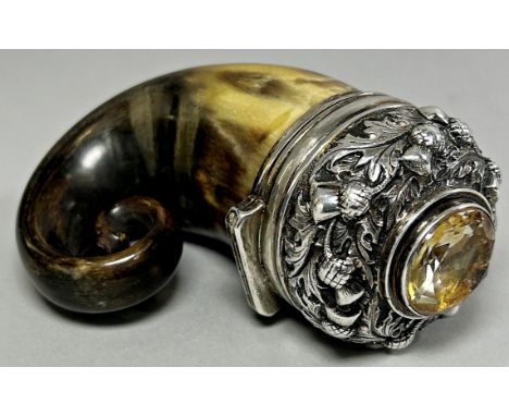 A 19th century Scottish curled rams horn snuff with applied embossed silver plated mount with thistle detail marked Aitchison