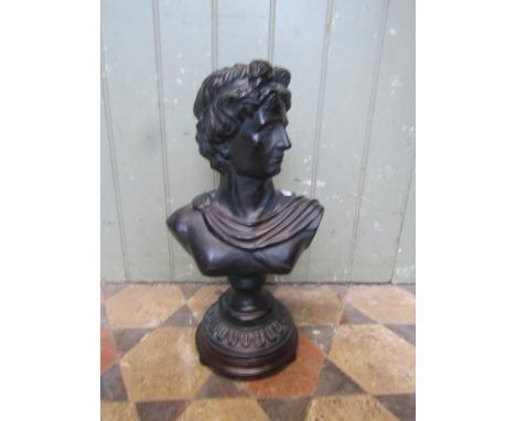 A Bronzed terracotta bust of Apollo raised on a socle base and wood plinth 43cm. 