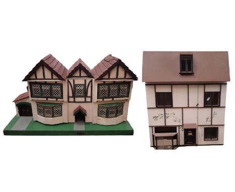 Two unfurnished vintage dolls houses comprising a 2 storey front opening house with garage by Amersham Toys, base 86x30cm and