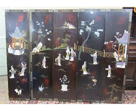 A Chinese lacquered five panel screen  with decorative applied character and landscape detail, 150cm high x 39cm (each panel)