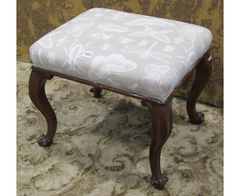 A Victorian mahogany dressing stool with later upholstered rectangular seat raised on scrolled cabriole supports, 45 cm high 