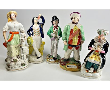 A collection of Staffordshire figures to include two reclining figures, equestrian and other figures, Falstaff, etc (9)