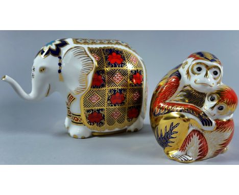 A Royal Crown Derby Imari Elephant with gold stopper and a Monkey with baby with silver stopper 