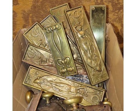 Box of reclaimed door fittings/furniture to include various locks, embossed brass finger plates, etc