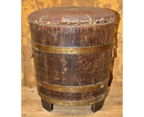 A coopered oak stool and combined coal bin with upholstered seat 