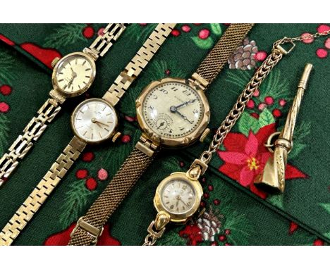 Four vintage gold wristwatches, to include a small 18ct yellow gold cased Omega example with 12mm case (engraved) on 9ct yell