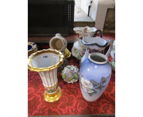 A Royal Copenhagen porcelain trumpet shaped vase, with hand painted flowering rose band within gilt borders, a further Copenh