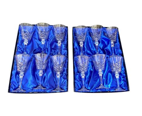 Bohemia Crystal by Henry Marchand, two boxed sets of six large drinking glasses with fan and cross cut bell shaped bowls, eac