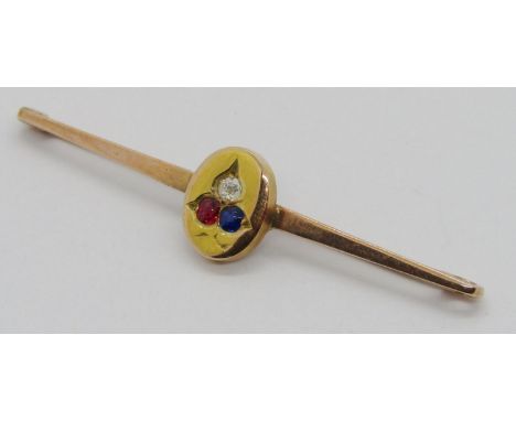 Edwardian 9ct multi-gem trefoil bar brooch set with a diamond, ruby and sapphire, 0.05ct each approx, 2.2g