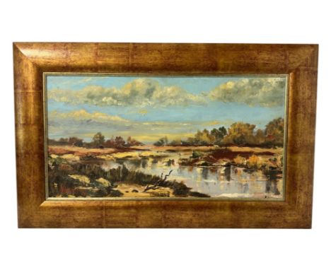 20th century river scene signed '...Morris' lower left and dated '1972', oil on board, 58 x 30 cm, framed