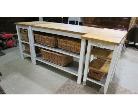 A contemporary partially painted suite of free standing kitchen furniture with solid oak tops and stainless steel shelves, ap