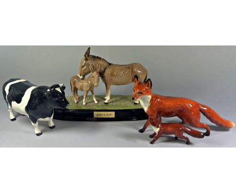 Collection of ceramics to include a Beswick Friesian Bull Ch. Hiltbar, a Vixen and cub and a Beswick Donkey and foal 'Jenny's