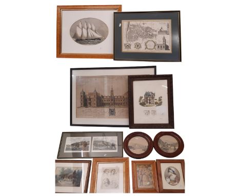 A group of framed prints and paintings to include: 'The South Prospects of Hatfield House' hand-coloured engraving by James C