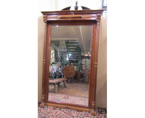 A large 19th century walnut framed mirror with bevelled edge plate, with column supports and further detail, 196cm high x 123