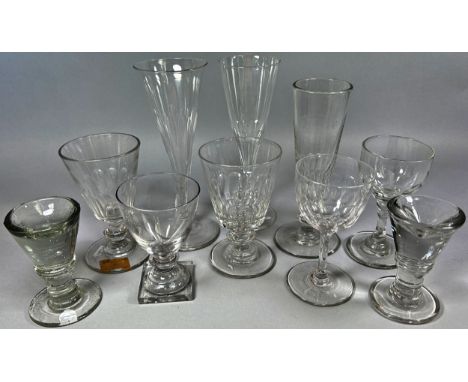 Ten 19th century Victorian drinking glasses including two penny licks, a pair of Champagne flutes, a further flute, and four 