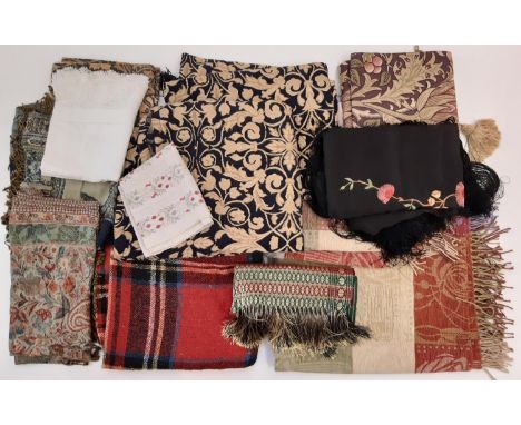 A mixed collection of vintage textiles including throws, a blanket, table runners in William Morris fabric, an embroidered si