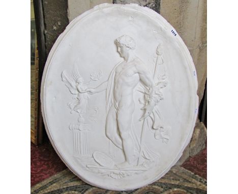 Neoclassical style oval plaster plaque with relief detail, 80 x 65cm (af)