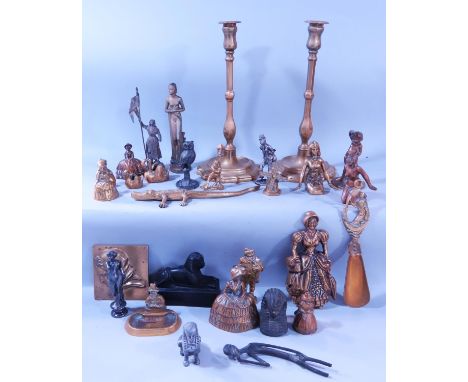 A good selection of Victorian and later brass figures, bells, a novelty corkscrew, Egyptian artefacts, Art Deco figures etc a