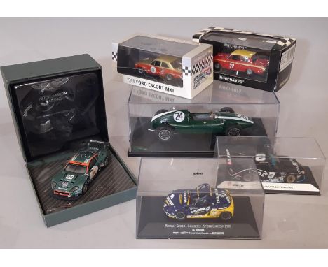 Six boxed model racing cars racing / Formula 1 including Aston Martin Ltd Ed. 2006 Le-Mans model, Lotus Cortina by Minichamps