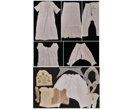 Ladies lingerie and accessories from late 19th to early 20th century comprising a long petticoat with godets and lace inserti