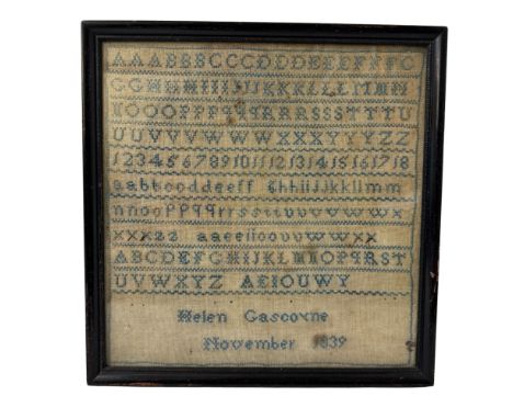 A needlework sampler by Helen Gascoyne, with name and date '1839' below, 26 x 26 cm, framed