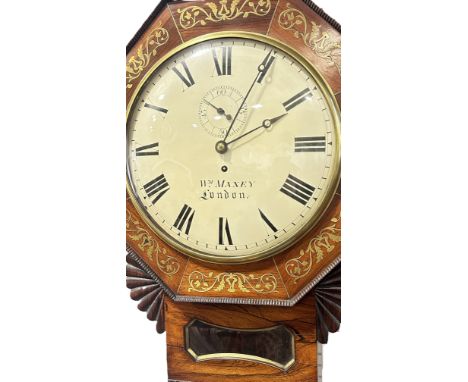 A good Regency rosewood drop dial wall clock, the 12” dial with subsidiary seconds dial marked Wm. Maxey, London, with octago