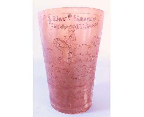 A Georgian horn beaker with an all round engraved fox hunting scene, bearing the name DAV-D Brown,  12cm