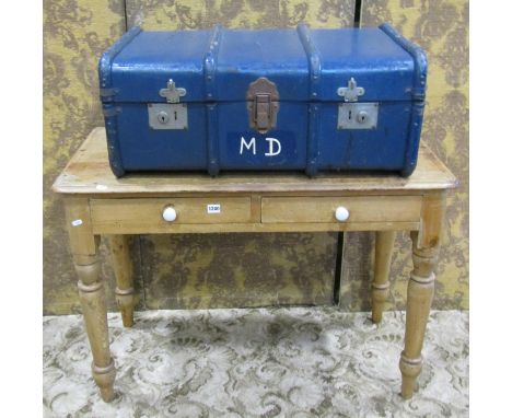 A Victorian stripped pine side table fitted with two frieze drawers raised on turned supports together with a vintage cabin t