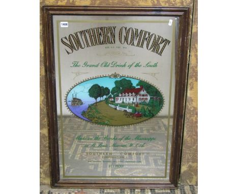 A vintage style pub mirror advertising Southern Comfort The Grande Old Drink Of The South within a stepped and moulded staine