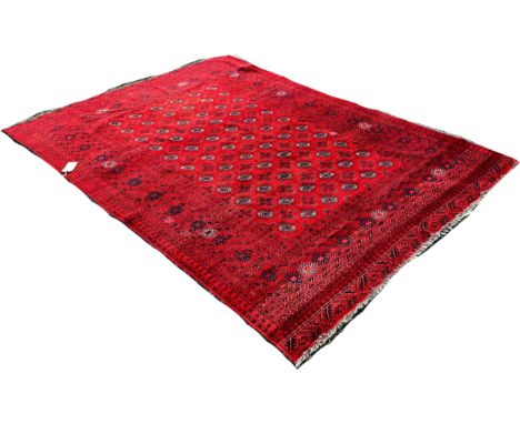 An Afghan Turkoman carpet with a central panel small elephant gul on a red ground, 280cm x 190cm approximately