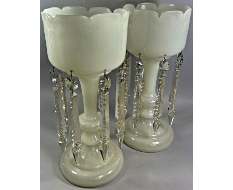 A pair of Victorian opaque glass table lustres, each hung with eight cut glass drops, 34.5cm.