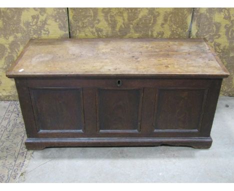 An antique oak coffer with hinged lid and panelled frame, 46cm high x 100cm x 43cm