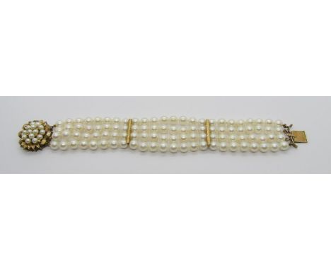 Vintage triple row pearl cuff bracelet with two vertical spacers and 14k pearl cluster push-slide clasp, 18.5cm L approx excl