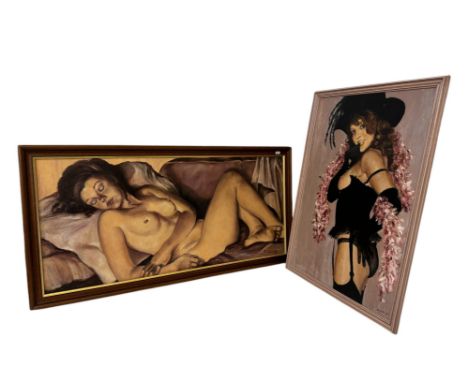 P. Collier (20th Century) - Two female nude portraits: one full-length lying down, the other in burlesque costume, oil on boa