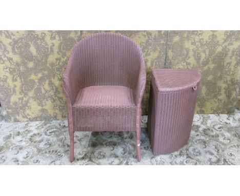 A vintage Lloyd Loom chair and corner laundry basket in original pink colourway (2) 