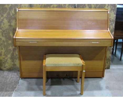 A Barrett &amp; Robinson of London upright and overstrung piano in teakwood case, together with an associated stool, 110cm hi