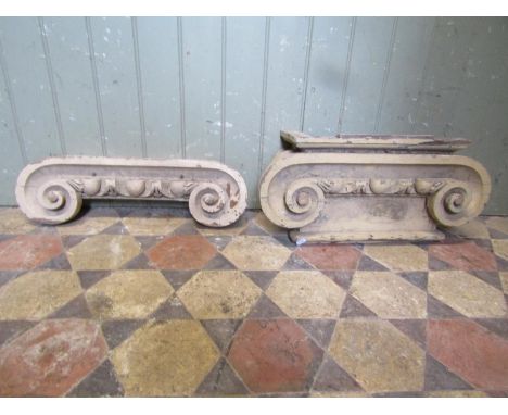 A reclaimed architectural painted pine doric column capital together with one other, (incomplete) 28 cm high x 56 cm x 17 cm 