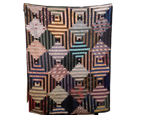 Vintage patchwork quilt, hand stitched in log cabin style, edged in black velvet and lined 168x135cm (AF)