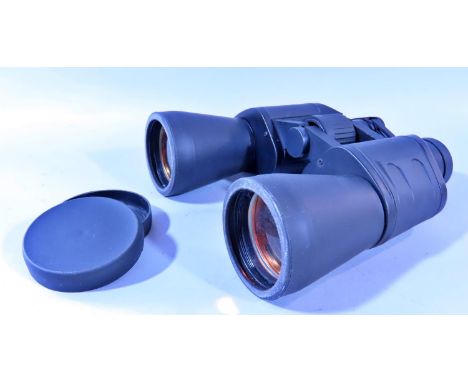 A pair of rubberised waterproof field binoculars 10 x 50, with anti-reflective coated lens, (lacks strap)