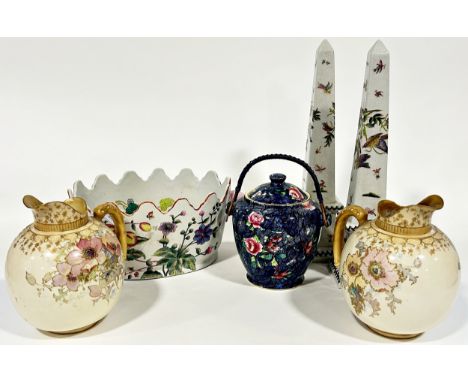 A collection of floral themed ceramics to include a large jardinière, a Chinese teapot, two Royal Doulton Burslem jugs with f