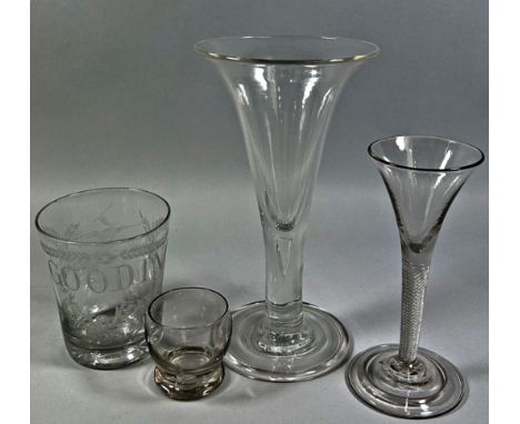 A Georgian tumbler engraved 'U Gooding', a trumpet spiral wine glass, a tall ale glass and a single optic glass. (4)