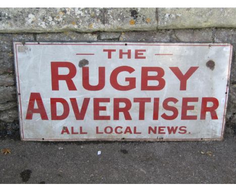 A vintage rectangular enamel sign advertising the Rugby Advertiser All Local News (af), 45 cm x 91 cm