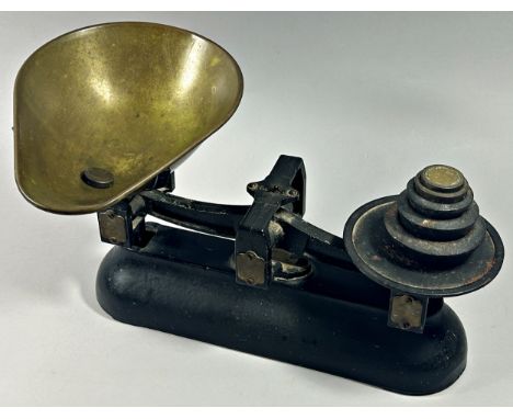 A pair of Vintage Avery Confectioner’s weighing scales with brass bowl and six weights together with lot 140 
