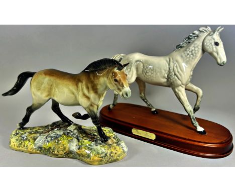 A Beswick figure of a donkey together with a Royal Doulton figurine of a grey horse 'One Man' both on plinths (2) 