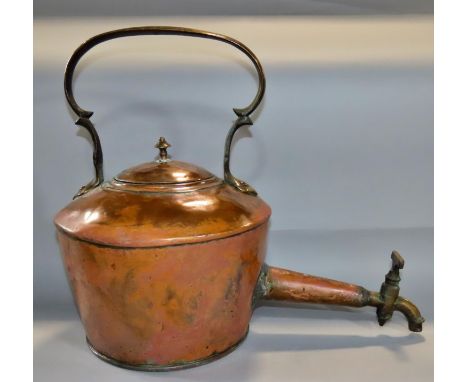 A large copper kettle with an elongated tapped spout, three graduated copper grain measures, four further graduated measures 