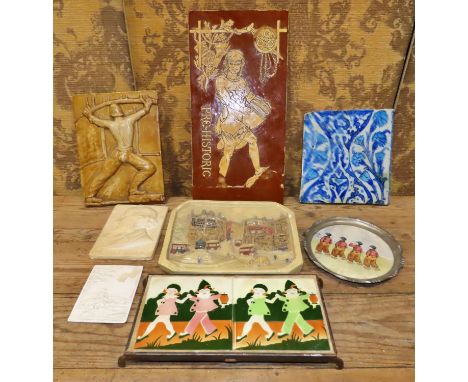 A Persian glazed pottery tile, 9 inch square approximately (af) together with further tiles, plaster plaque of Mendelssohn, e