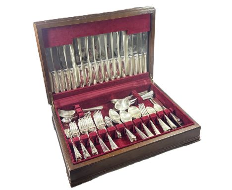 An Art Deco style silver plated canteen of cutlery for eight settings by K Bright, with some extra matching cutlery.